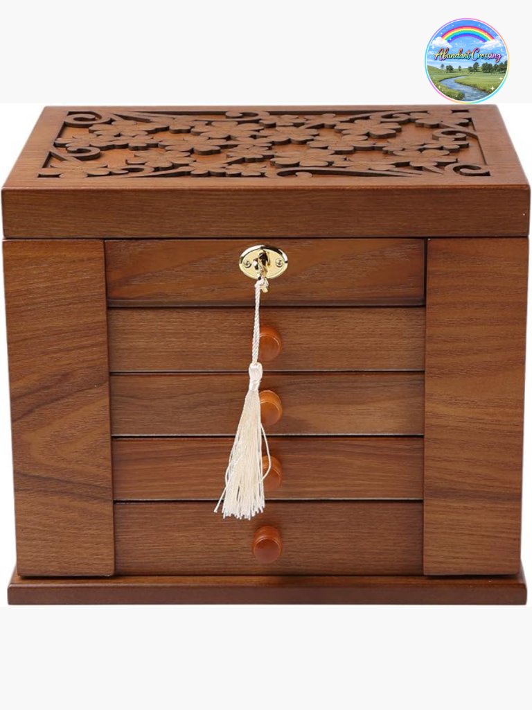 Wooden Jewelry Box With Lock And Key, 4 Drawers, 17 Compartments, Mirror,